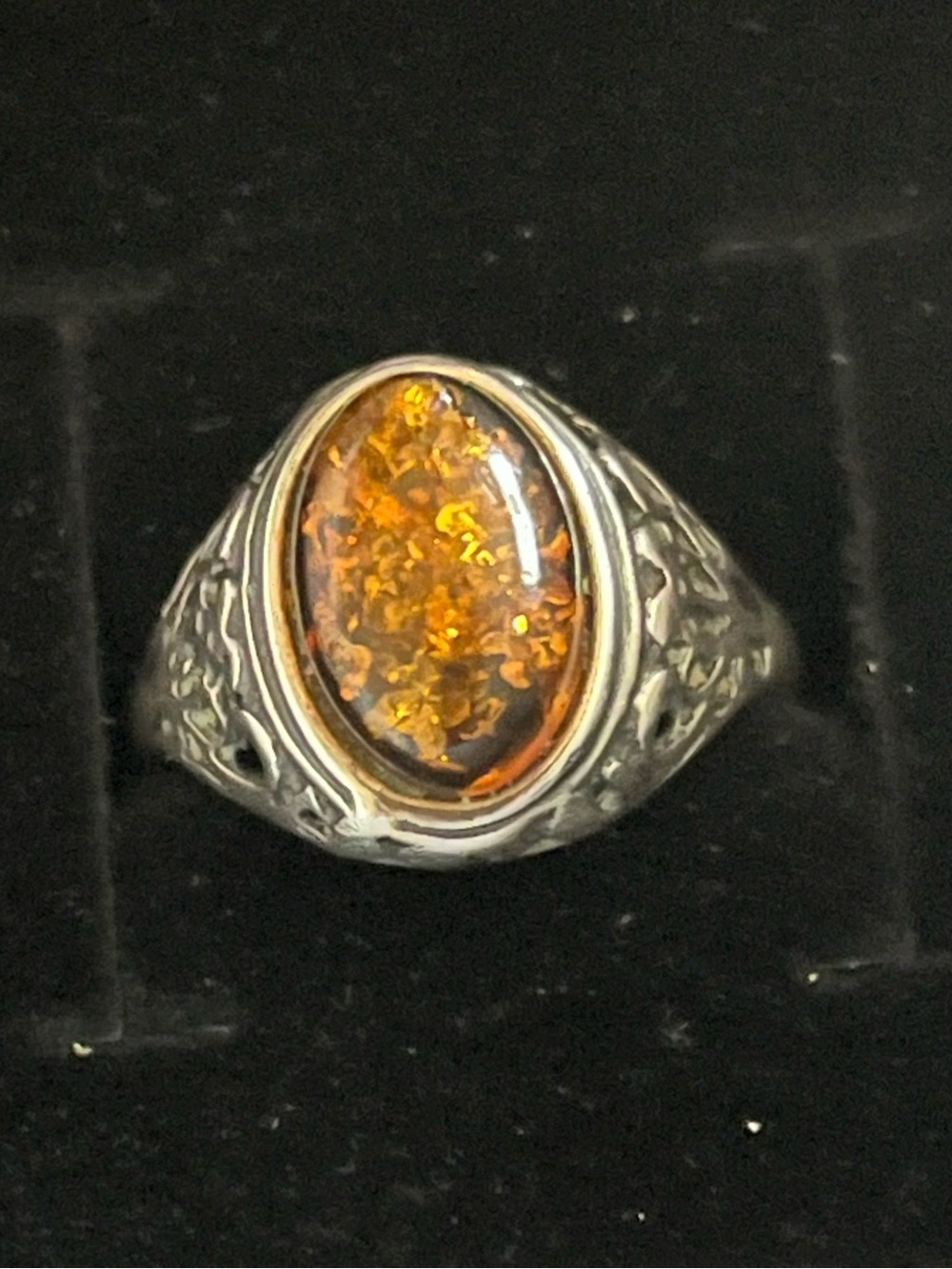 Sterling Silver Amber Ring with Intricate Design, size 7